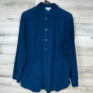 J.Jill Corduroy Button Front Shirt Jacket L Petite Teal Blue Cotton Pockets